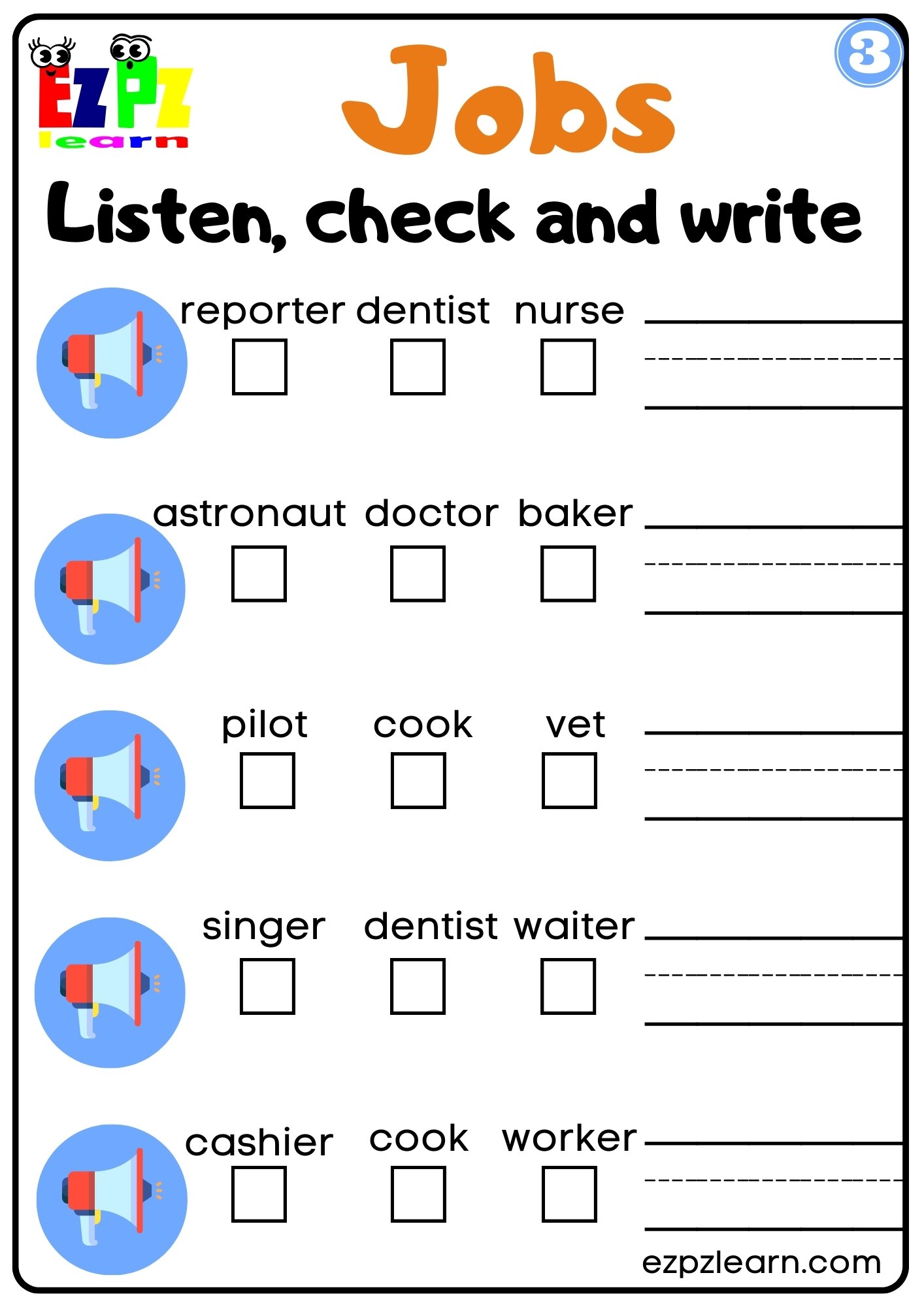 Jobs Vocabulary Interactive Worksheet Listen, Check and Write the Words Activity for Kids, K5 and ESL Students G3
